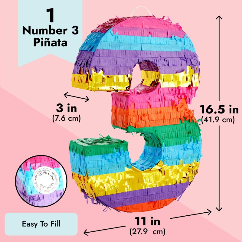 BLUE PANDA Number 3 Pinata - Vibrant Rainbow Pinata for 3rd Birthday Party Decor - Easy Fill Design For Kid Birthday Decor - 11.4x16.5x3 In, Multicolored - Image 3